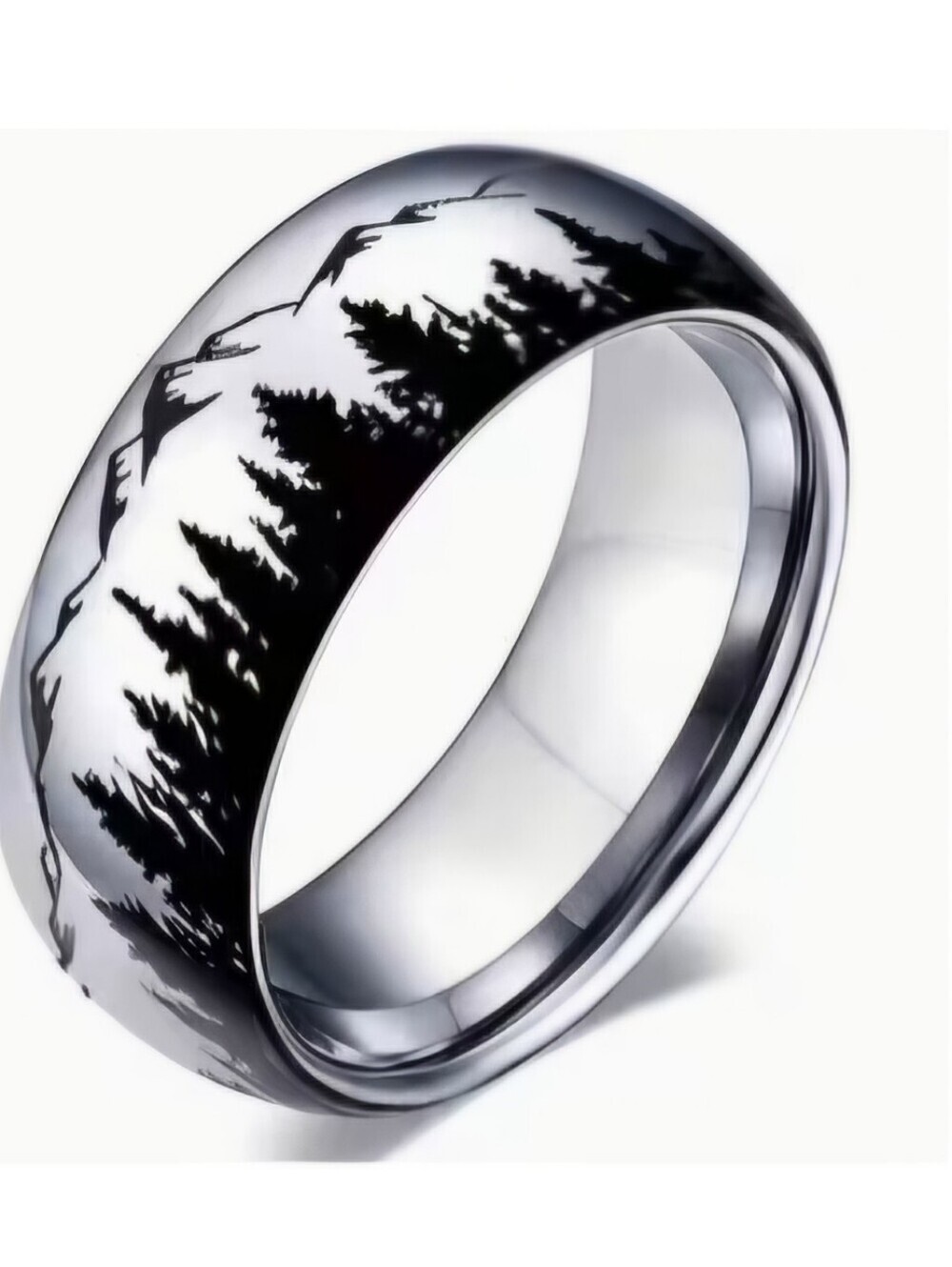 NEW Unisex Stainless Steel Wedding Band With Moutain Scene